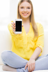 Image showing close up of woman showing smartphone blank screen