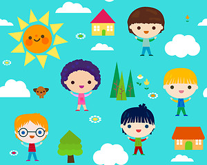 Image showing summer camp seamless pattern with happy little kids 