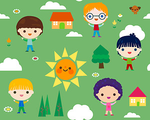 Image showing summer camp seamless pattern with happy little kids 