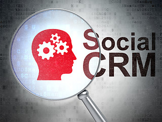 Image showing Advertising concept: Head With Gears and Social CRM with optical glass