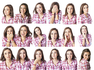 Image showing young woman in different expressions multiple options for designers
