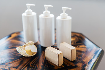 Image showing close up of liquid soap or body lotion at bathroom