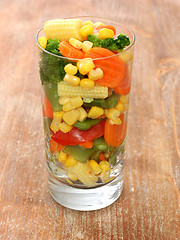 Image showing cooked carrots sweet corn and broccoli