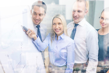 Image showing business team with flip board having discussion