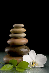 Image showing balancing zen stones on black with white flower