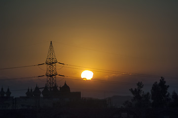 Image showing Electricity tower in desert of Egypt at dusk