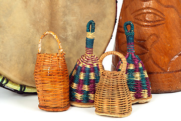 Image showing Caxixi shakers and African djembe drums