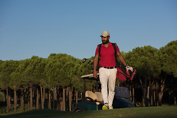 Image showing golfer  walking and carrying golf  bag