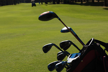 Image showing close up golf bag on course