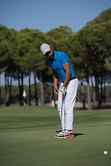 Image showing golf player hitting shot at sunny day