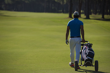 Image showing golf player walking with wheel bag