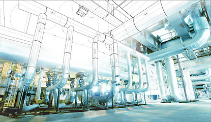 Image showing wireframe computer cad design of pipelines for modern industrial