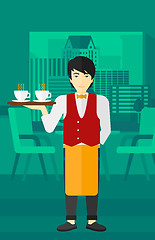 Image showing Waiter holding tray with beverages.