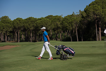 Image showing golf player walking with wheel bag