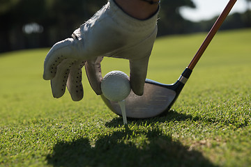 Image showing golf player placing ball on tee