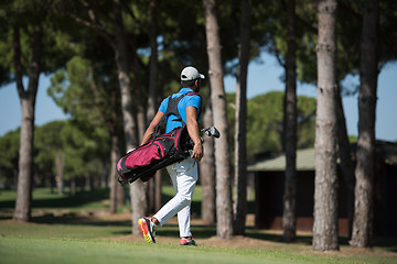 Image showing golf player walking and carrying bag