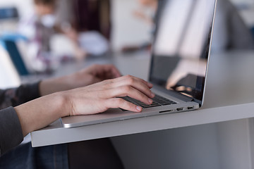 Image showing close up of business womans hand typing on laptop with team on m