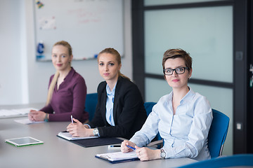 Image showing young business people group on team meeting at modern office