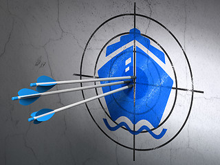 Image showing Vacation concept: arrows in Ship target on wall background