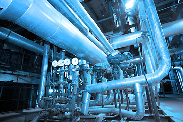 Image showing Industrial zone, Steel pipelines, valves, cables and walkways
