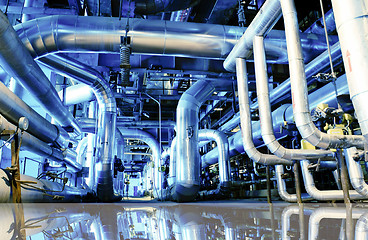 Image showing Industrial zone, Steel pipelines in blue tones with reflection