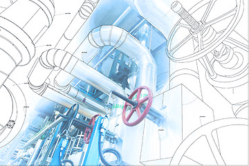 Image showing wireframe computer cad design of pipelines for modern industrial