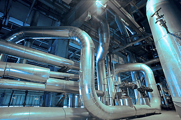 Image showing Industrial zone, Steel pipelines, valves, cables and walkways