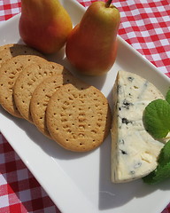 Image showing Dessert cheese and Flamingo pears