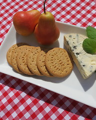 Image showing Dessert cheese and Flamingo pears