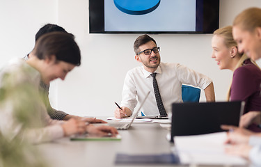 Image showing young business people group on team meeting at modern office