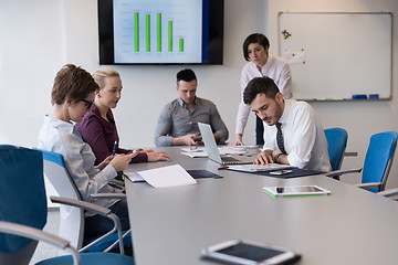 Image showing young business people group on team meeting at modern office