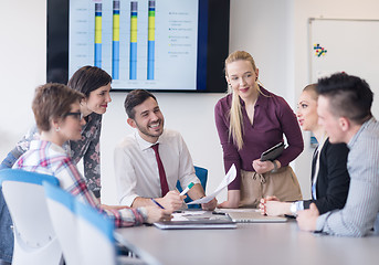 Image showing young business people group on meeting at modern office