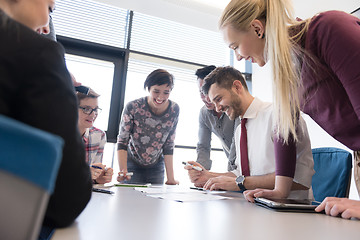 Image showing young business people group on meeting at modern office