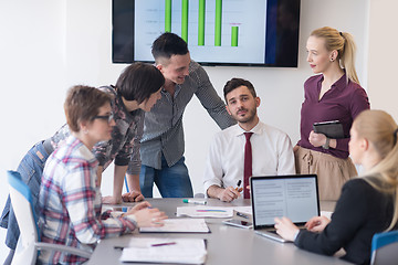 Image showing young business people group on meeting at modern office