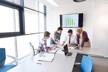 Image showing young business people group on meeting at modern office