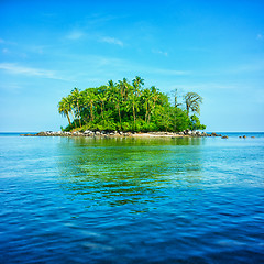 Image showing  An atoll in the sea surrounded by blue sky and water with refle