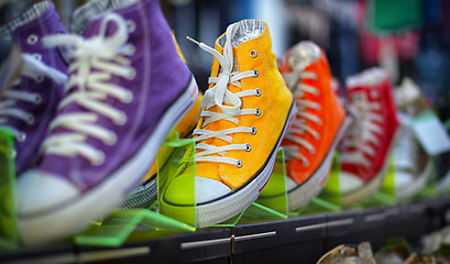 Image showing Collection of colorful casual gumshoes on shelves in fashion sto