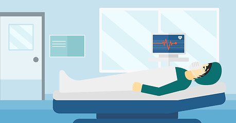 Image showing Patient lying in hospital bed with heart monitor.