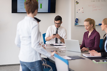 Image showing young business people group on team meeting at modern office