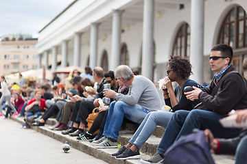 Image showing People enjoing outdoor street food festival in Ljubljana, Slovenia.