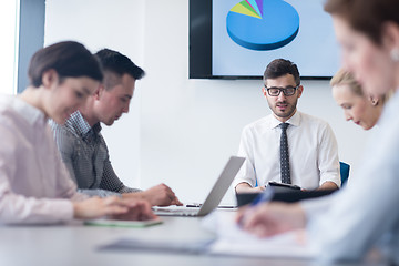 Image showing young business people group on team meeting at modern office