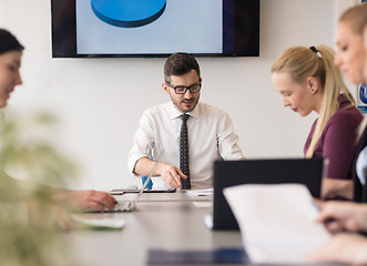 Image showing young business people group on team meeting at modern office