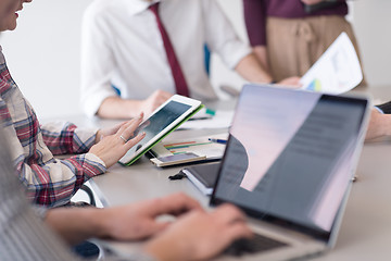 Image showing young business people group on meeting at modern office