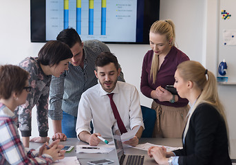 Image showing young business people group on meeting at modern office