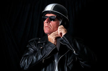 Image showing biker in leather jacket sunglasses helmet