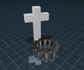 Image showing christian cross and gear wheel - 3d rendering