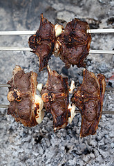 Image showing Shashlik of lamb cooking on bonfire