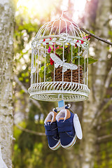 Image showing blue baby shoes hanging from a cage and branch