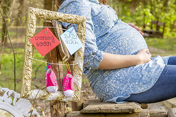 Image showing pregnant woman outdoor in the park on banch