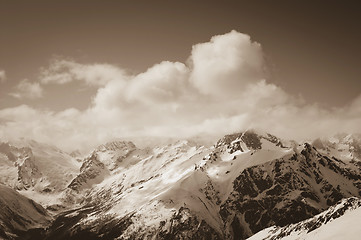 Image showing View from ski slope on snowy mountains